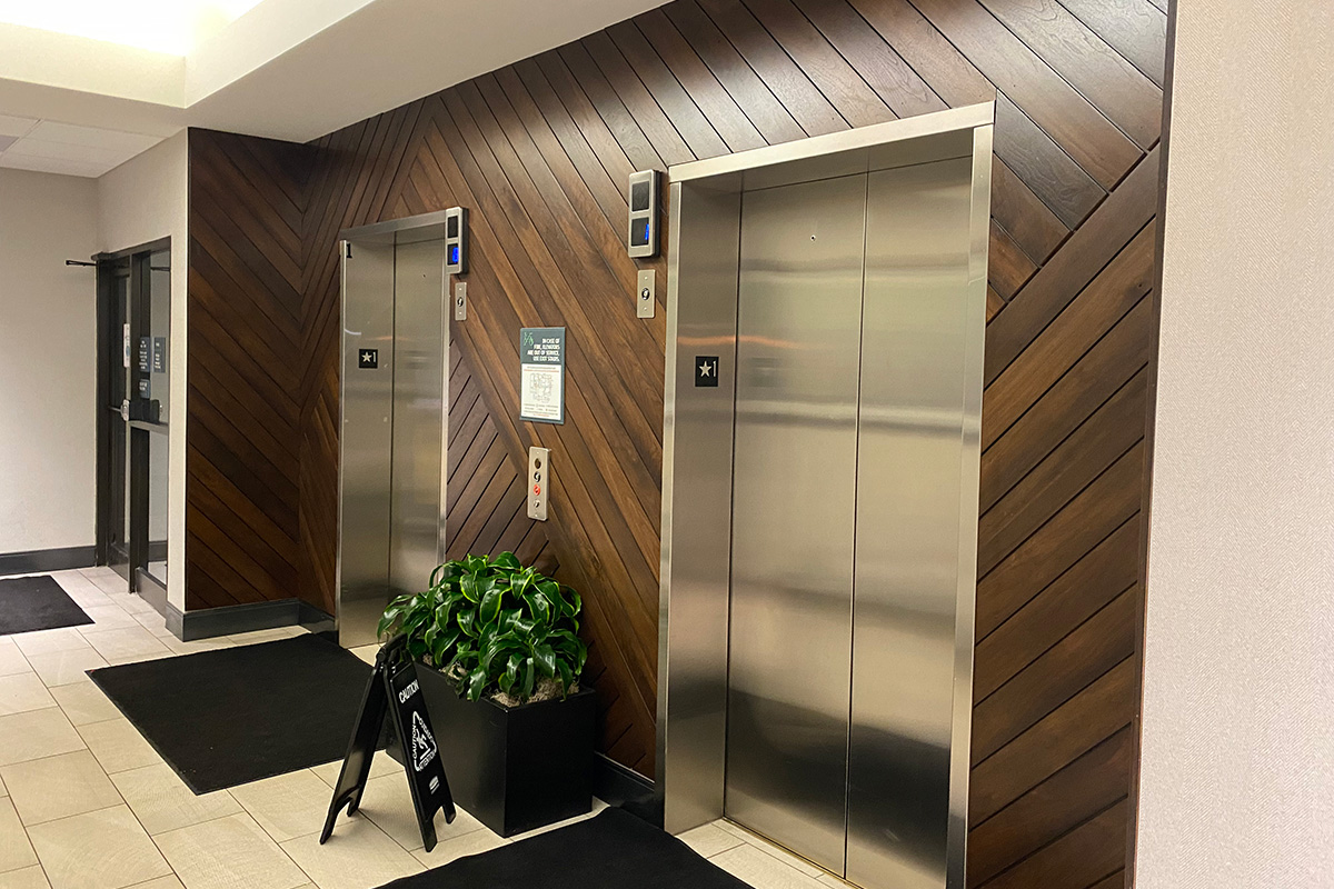 elevator angled half lap accent wall walnut finish