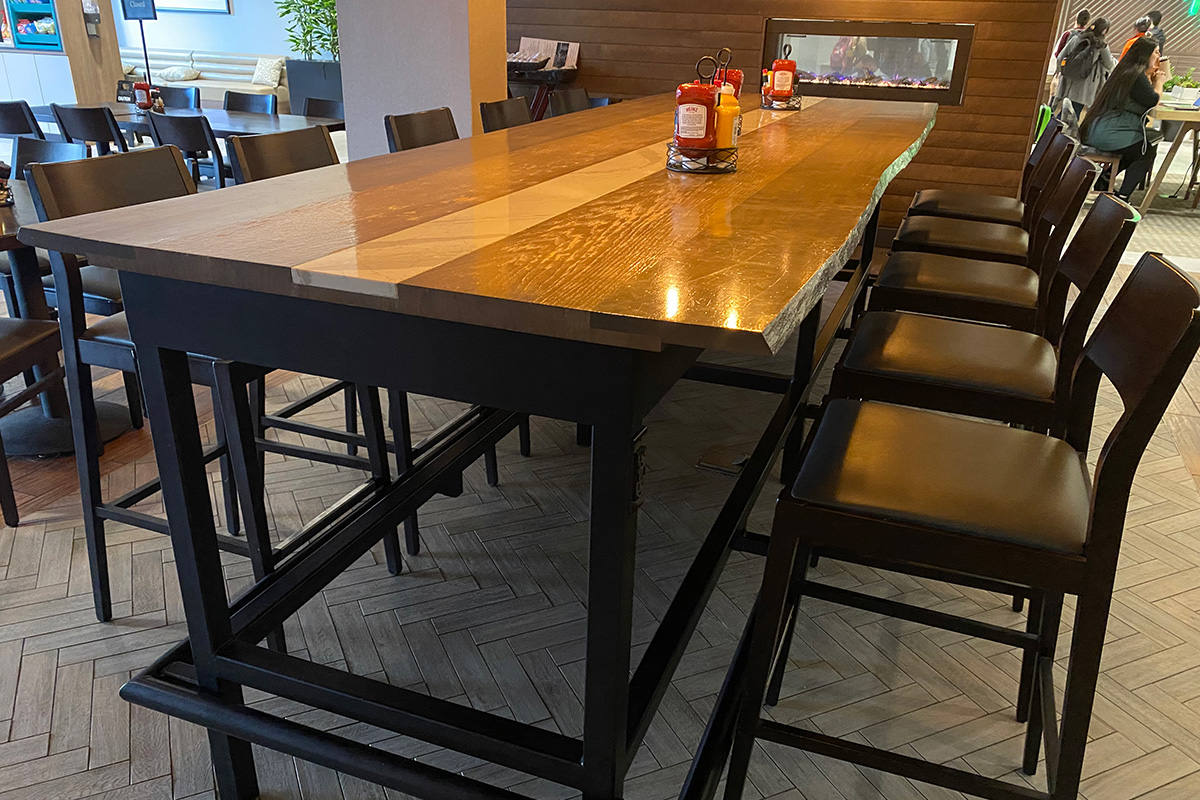 hickory bar table on custom metal base