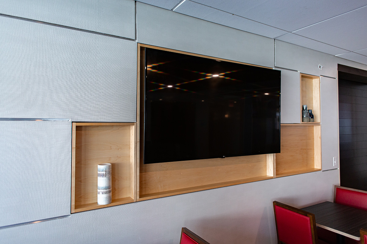 tv/media feature wall with inset maple display boxes